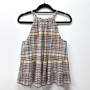 Loft Gingham Tiered Sleeveless Top, Size Small, Multicolor Seersucker Plaid